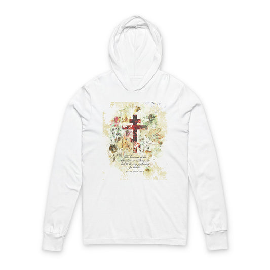 Preparing For Death | White & Beige Floral Scrapbook Texture Cross | Arts & Crafts Style | St Irenaeus | Orthodox Long Sleeve Hooded Shirt