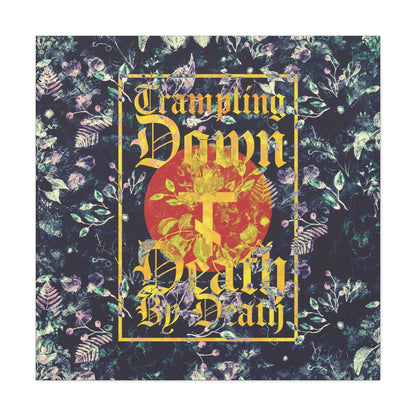 Trampling Down Death By Death | Paschal Floral Design with Gothic Script and Three-Bar Cross | Orthodox Christian Canvas Art