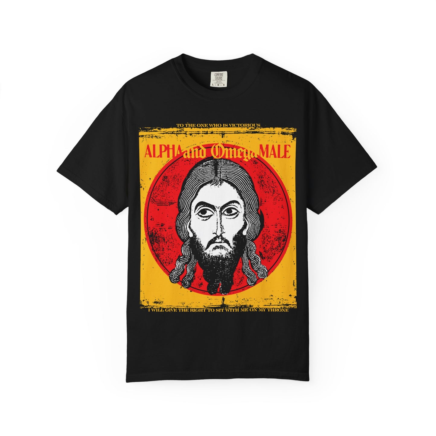 Sure! Here’s the rewritten sentence using your product data: Black heavyweight cotton unisex tee titled “Alpha & Omega Male,” featuring an IkonoGraphic image of Jesus Christ (Image of Edessa) and bold “To the One Who Is Victorious” text, inspired by Orthodox Christian Revelation scripture.