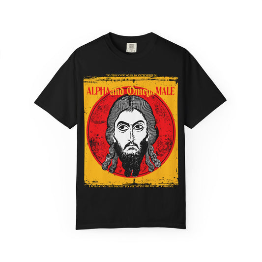 Sure! Here’s the rewritten sentence using your product data: Black heavyweight cotton unisex tee titled “Alpha & Omega Male,” featuring an IkonoGraphic image of Jesus Christ (Image of Edessa) and bold “To the One Who Is Victorious” text, inspired by Orthodox Christian Revelation scripture.