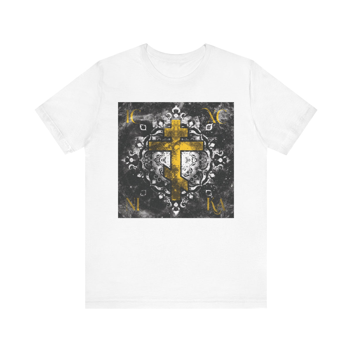Gold ICXC NIKA Orthodox Cross on a grayscale ornate floral texture background, printed on a lightweight cotton unisex tee—a thoughtful nod to Wednesday Matins and the deep reverence for Christ God’s sacrifice.