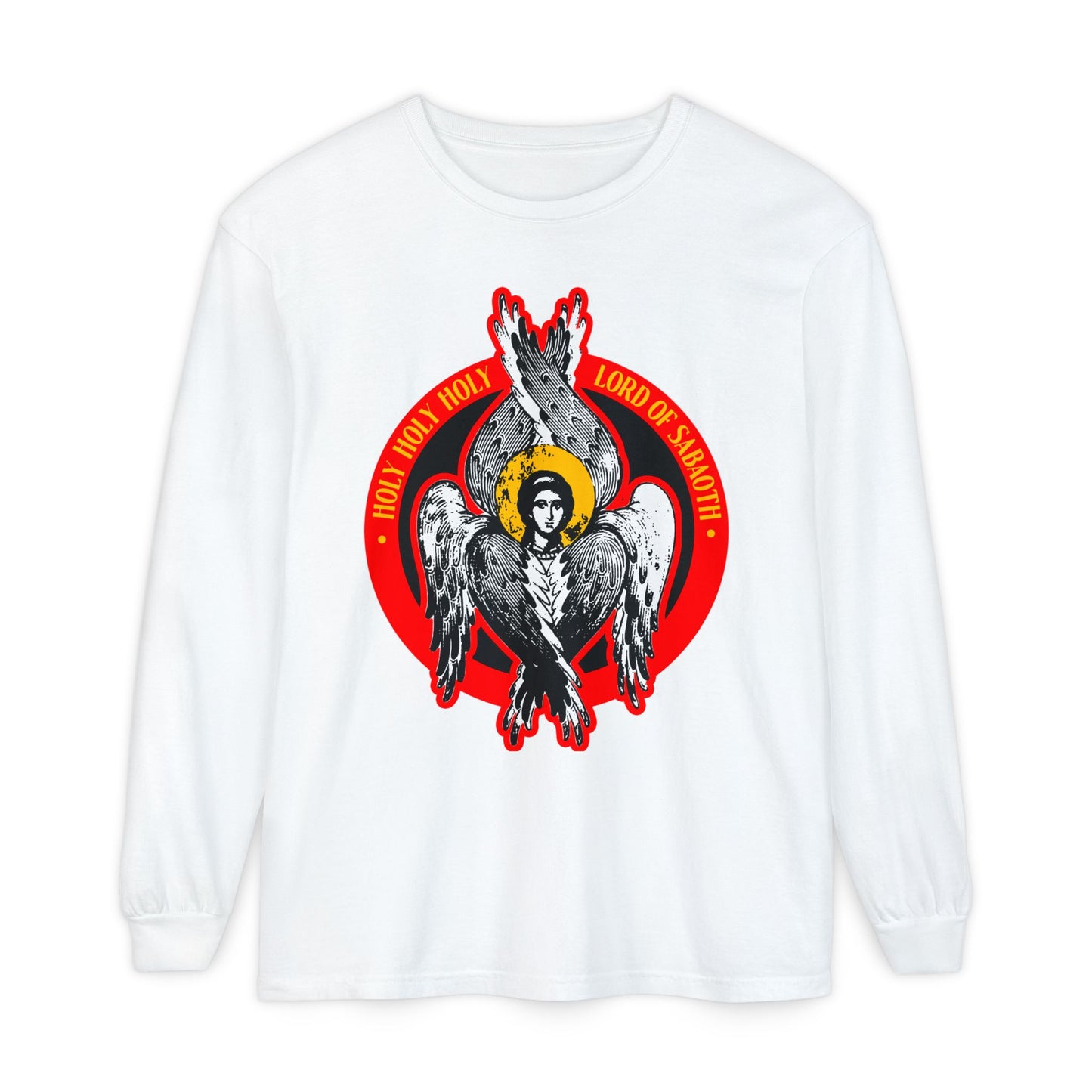 White long-sleeve "Holy Holy Holy, Lord of Sabaoth" Orthodox Christian shirt features a seraphim angel graphic inspired by Isaiah 6 and bold HOLY HOLY HOLY! LORD OF SABOATH! text in red and yellow.