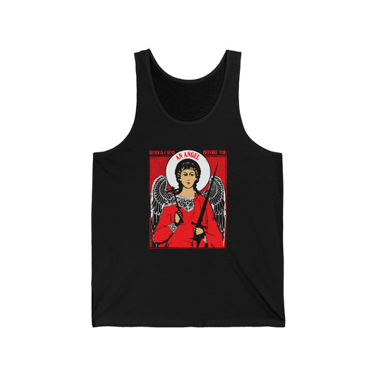 Behold, I Send an Angel Before You (Exodus 23:20) | Guardian Angel With Cross and Sword IconoGraphic | Orthodox Christian Jersey Tank Top / Sleeveless Shirt