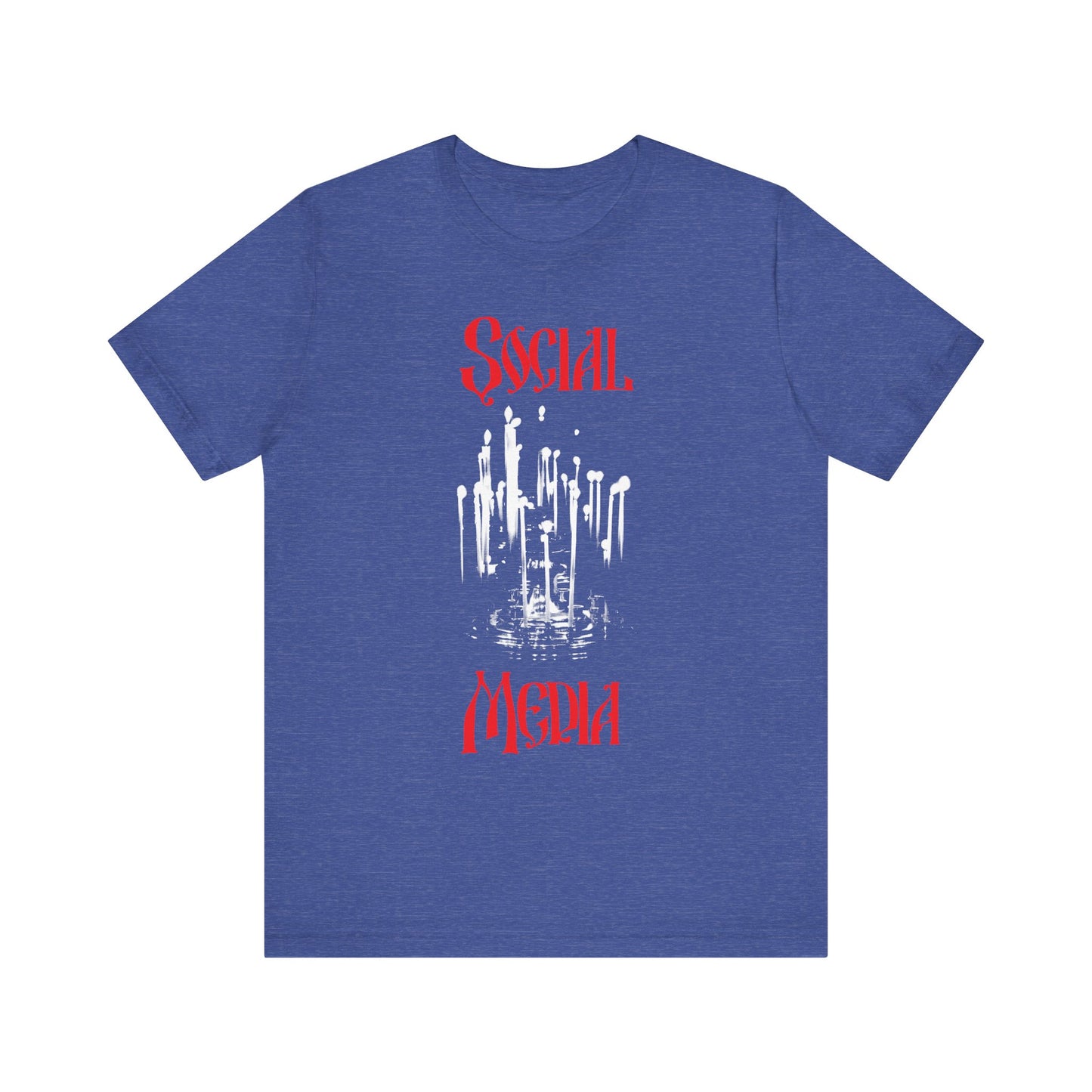Heather True Royal cotton unisex t-shirt featuring a striking design: "Social Media" in red and white candle-like drips forming a hand at the center, inspired by the enduring spirit of victorious martyrs such as St. Cyprian of Carthage, from the Orthodox Social Media: Memorial Candles for the Candlestand collection.