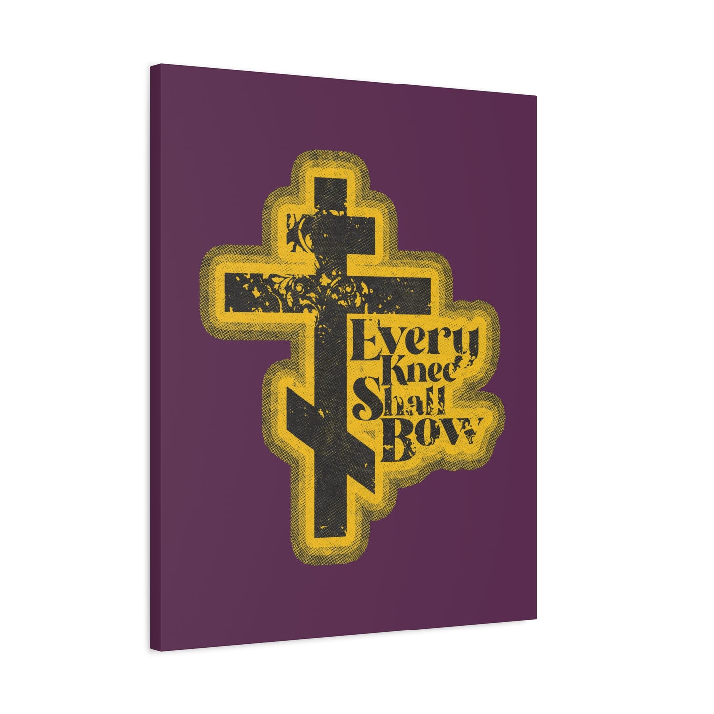 A stylized yellow Orthodox cross features "Every Knee Shall Bow – Philippians 2:10-11" on a purple backdrop, in a 70s distressed halftone comic book style. Also includes Isaiah 45:23. Perfect Christian wall art.