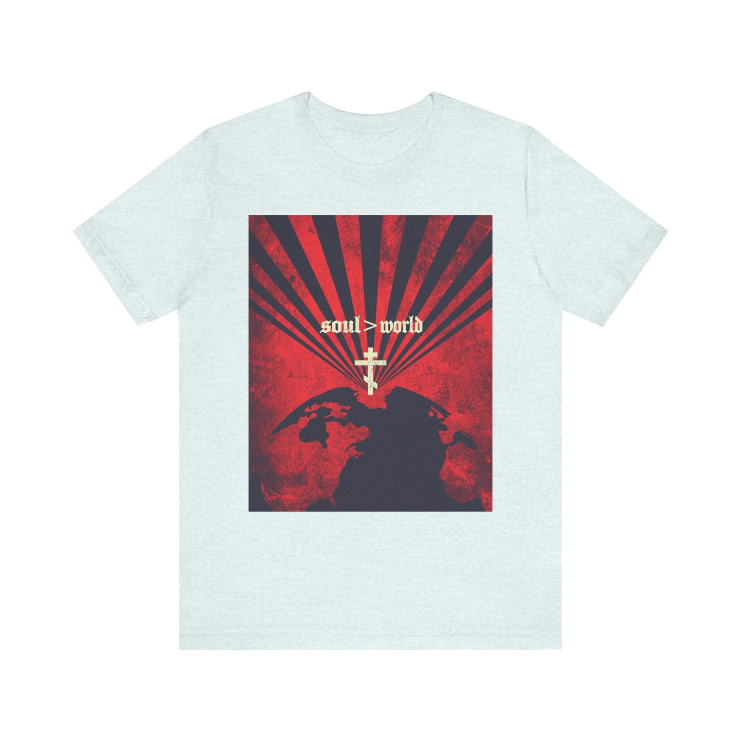 Heather ice blue unisex tee featuring a red earth design with a white cross and the message "Soul Is Greater Than World," inspired by Jesus' teachings in Matthew 16:26. Made from lightweight cotton, this shirt is a thoughtful reminder to value the soul over worldly gain.