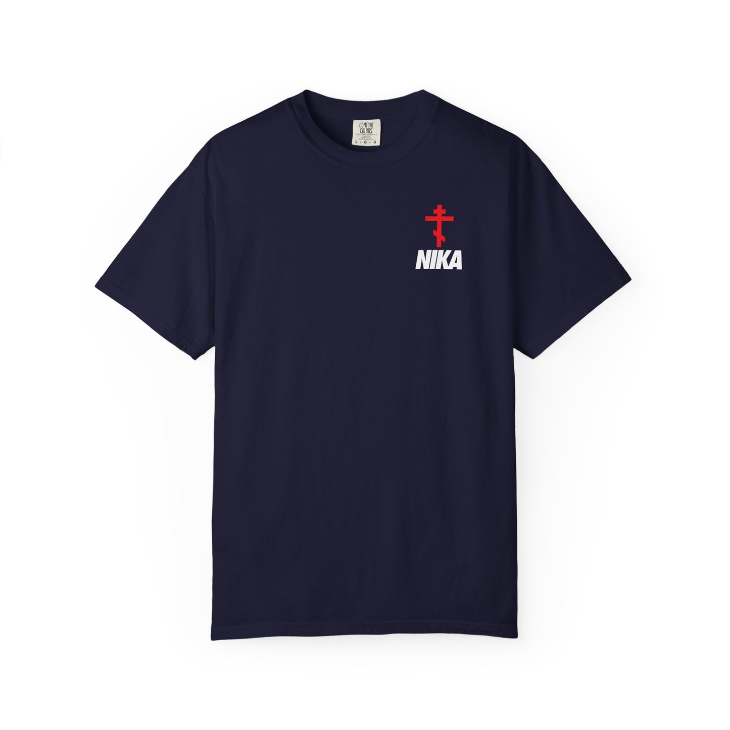 Orthodox Cross with Bold NIKA Text | Small Design | NIKE Logo Mashup | Athletic Ascetic Fashion | Christian Heavyweight Cotton Unisex Tee