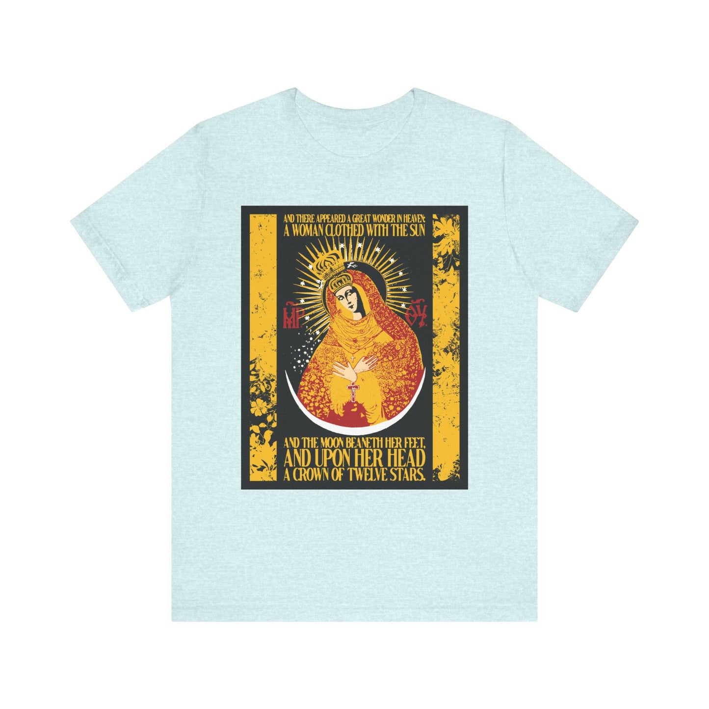 Heather Prism Ice Blue lightweight cotton unisex t-shirt featuring Our Lady the Gate of Dawn (Woman of the Apocalypse, Rev 12:1) in a gold floral textured design.