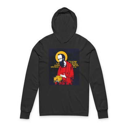 St Paul Holding Gospel Iconographic | I am crucified with Christ (Galatians 2:20) | Orthodox Long Sleeve Hooded Shirt