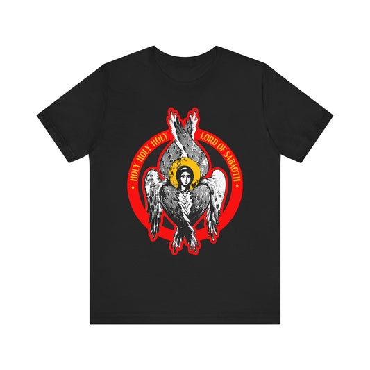 Black “Holy Holy Holy, Lord of Sabaoth” unisex tee featuring a seraphim angel icon from Isaiah 6 in a red circle. Lightweight cotton.