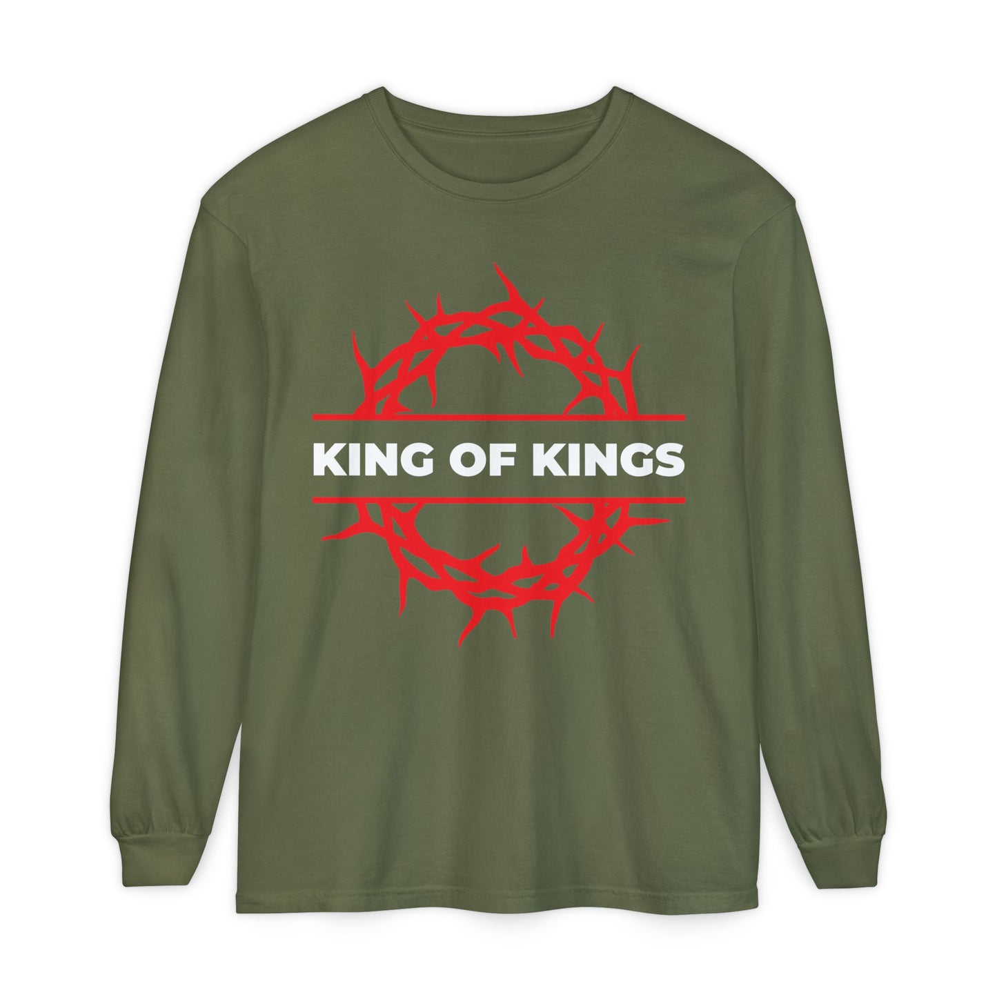 Hemp-colored long-sleeve shirt featuring a red crown of thorns and "KING OF KINGS" in bold white text, inspired by Revelation 19:16. Christ is King—The King of Glory. Christian cotton shirt.