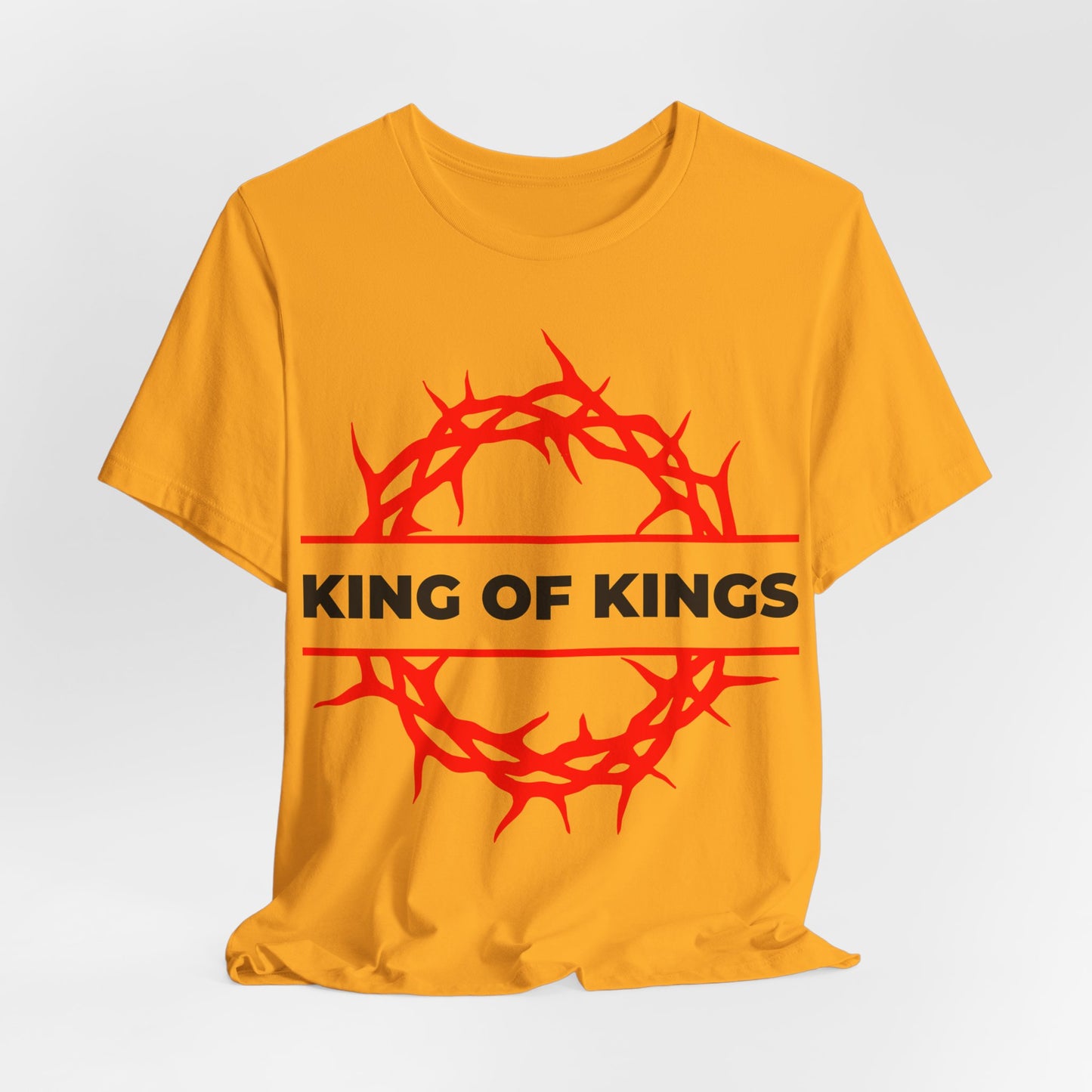 Yellow cotton unisex tee with red crown of thorns and "KING OF KINGS" in bold, inspired by Revelation 19:16. King of Kings Crown of Thorns | The King of Glory | Christ is King | Orthodox Christian Tee.