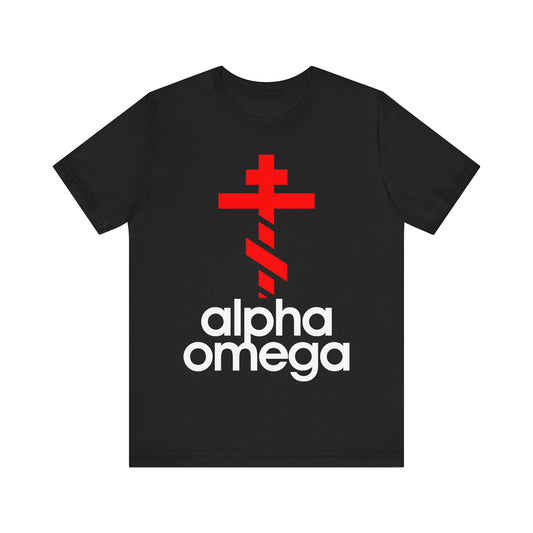 Alpha & Omega Red Orthodox Cross (Large Design) | Minimalist Adidas Inspired Logo Mashup | Orthodox Christian Unisex Cotton T-Shirt