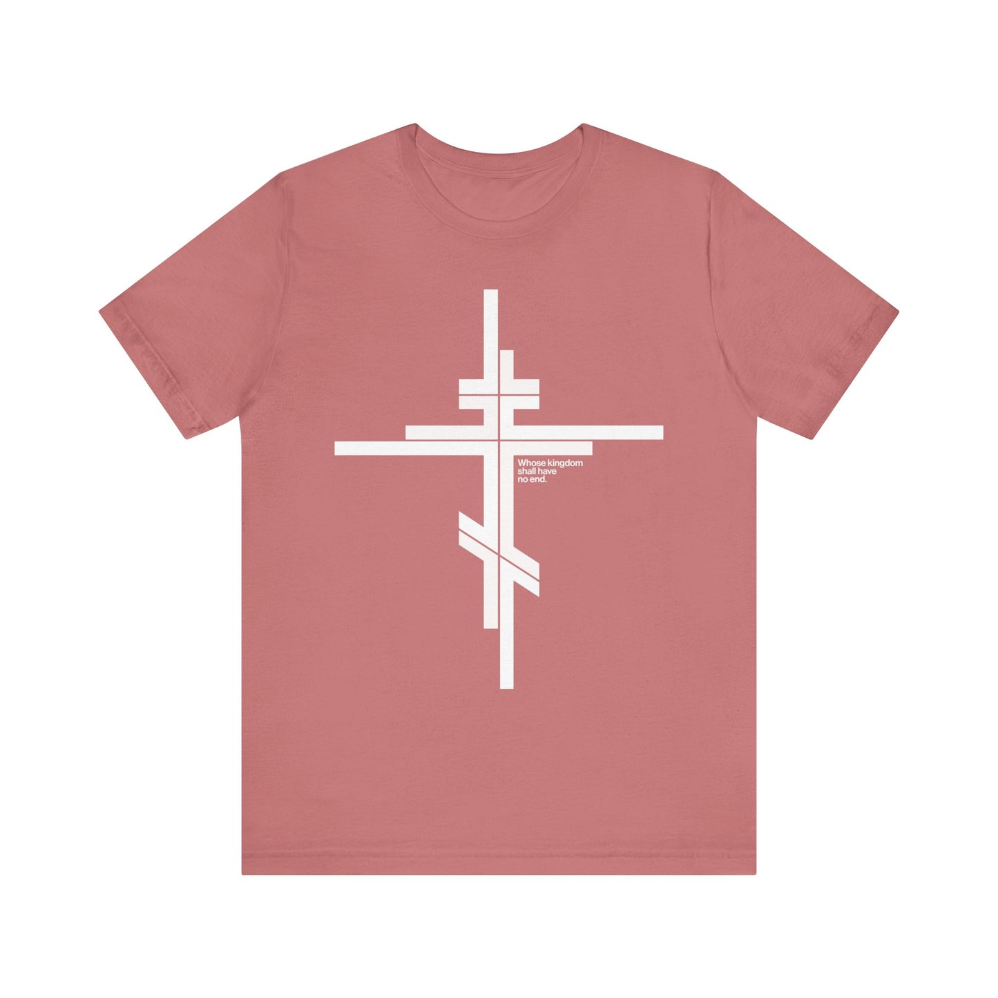 Mauve "Whose Kingdom Shall Have No End" lightweight cotton unisex t-shirt, featuring a modernist minimalist Orthodox cross logo and small central text inspired by Luke 1:32-33 and Orthodox doctrine.
