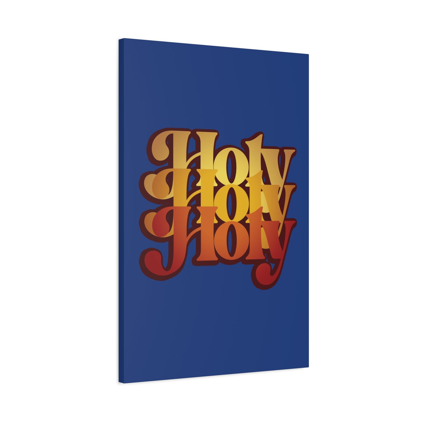 The "Holy Holy Holy Trisagion Liturgical Prayer 70s Style" Orthodox Christian canvas features bold yellow and orange text inspired by Isaiah 6, in a retro font on blue, evoking the Cherubim & Seraphim prayer.