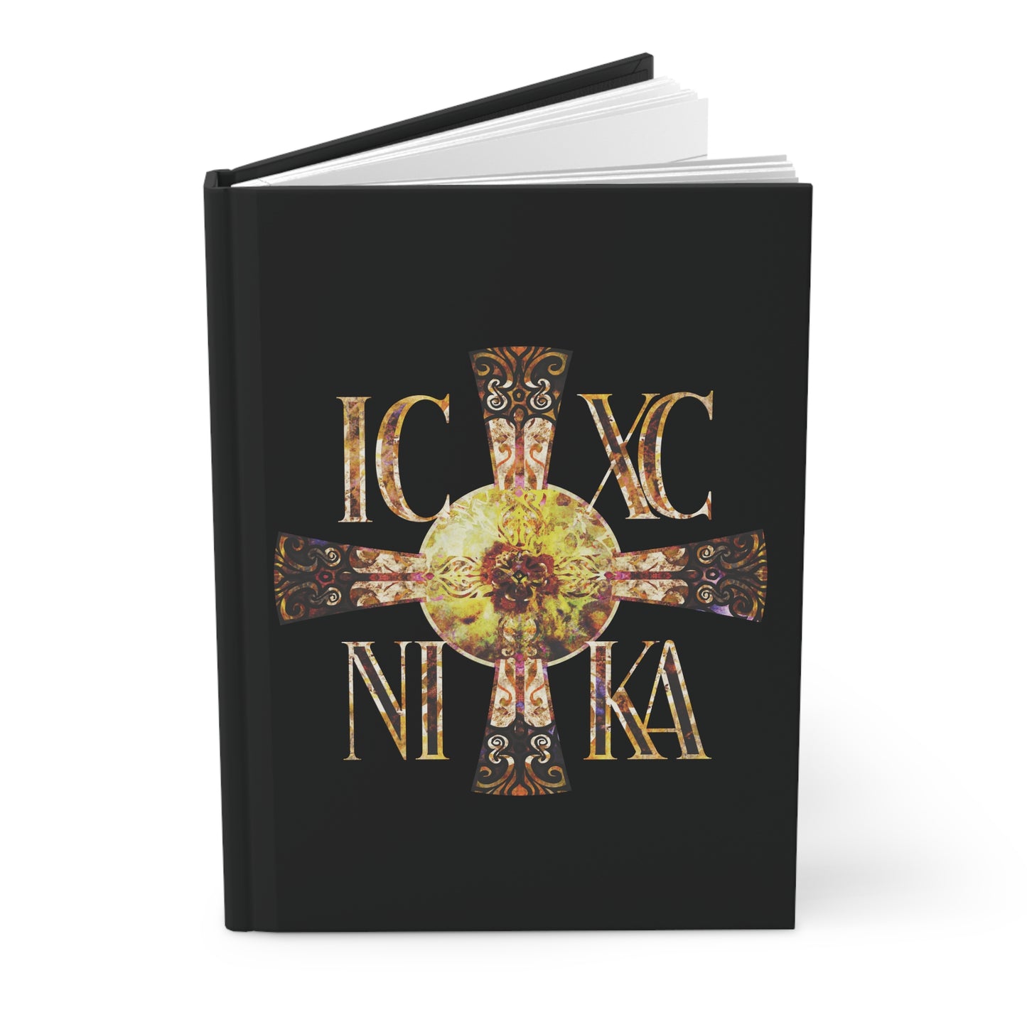ICXC NIKA Celtic Style Equal Armed Cross | Bright Solar Texture | Orthodox Christian Hardcover Journal
