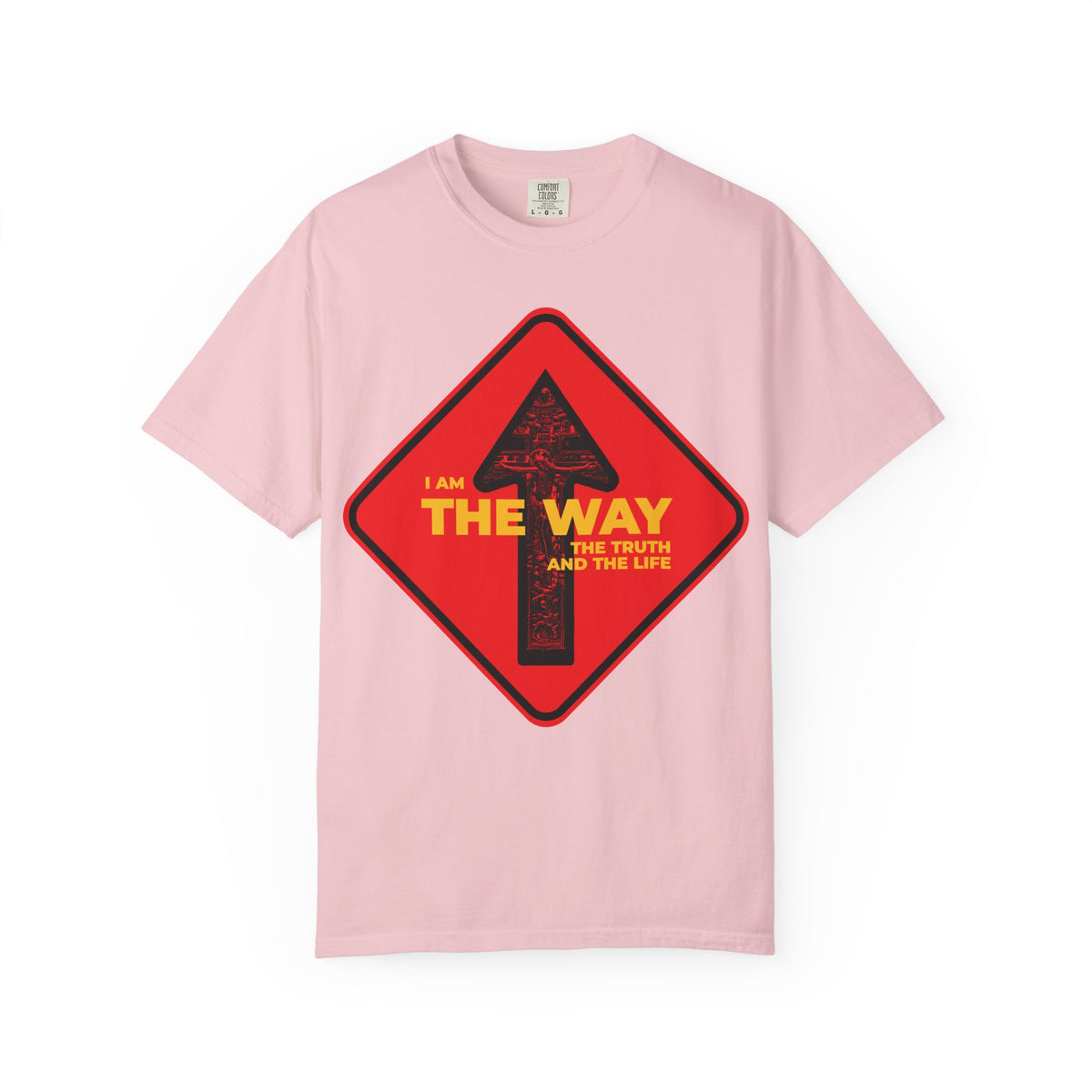 Blossom-colored heavyweight cotton unisex tee, featuring a “Street Sign One Way Arrow Crucifix” design with yellow text: I am THE WAY, THE TRUTH AND THE LIFE—an inspiring Orthodox Christian reference to John 14:6.