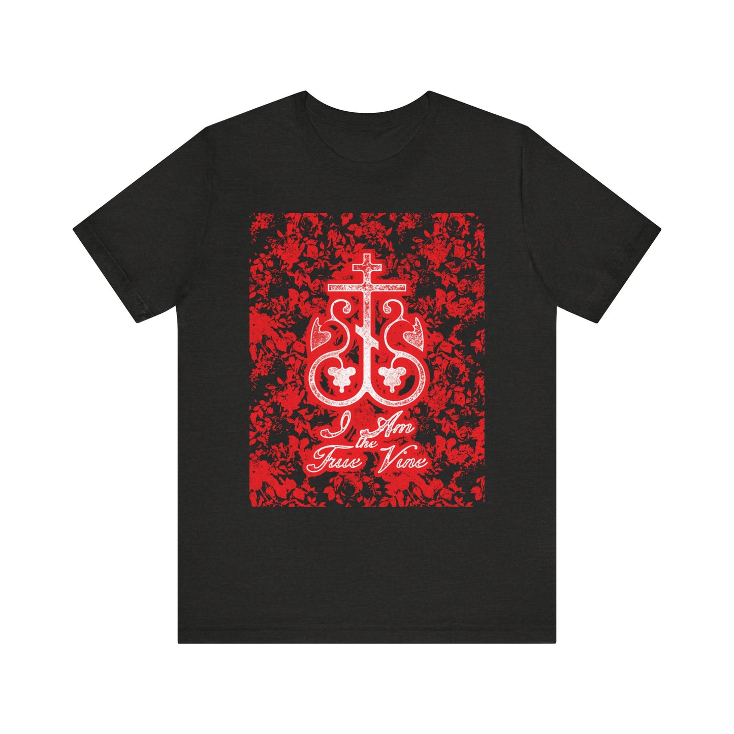 The I Am the True Vine (John 15:1) Orthodox Cross Vine Monogram Tee features a red and black floral design on soft Black Heather cotton—a bold, faith-inspired statement piece for your everyday wardrobe.