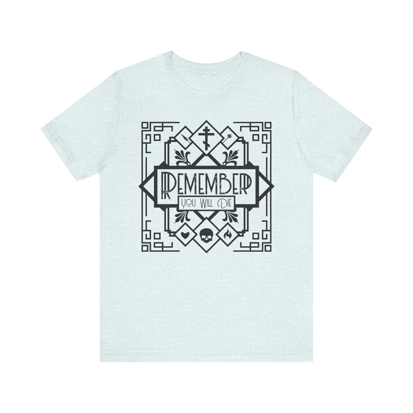 Heather Ice Blue unisex t-shirt featuring an art deco black and white line design with "REMEMBER YOU WILL DIE" in the center—skull, heart, fire motifs evoke memento mori. Lightweight cotton; inspired by Orthodox Tuesday Vespers hymns.