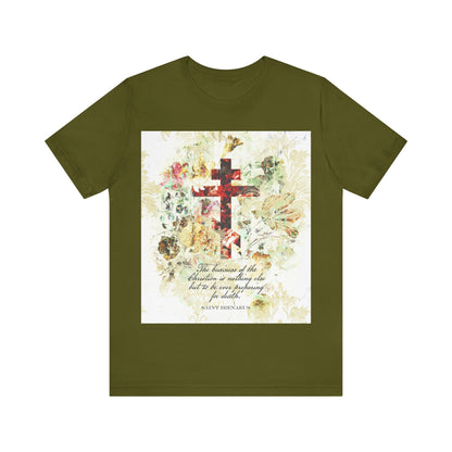 Olive t-shirt with a white and beige floral scrapbook-style cross and quote inspired by St Irenaeus, in arts & crafts style. "Preparing For Death" Orthodox Christian tee.