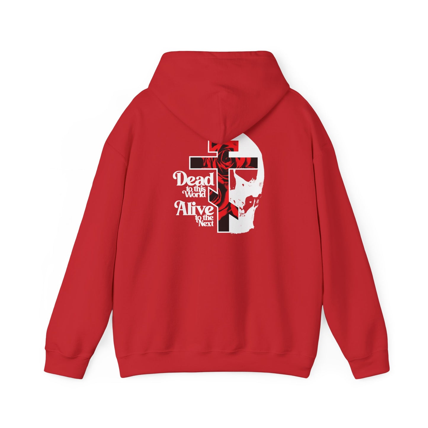 Rock the bestselling Dead to this World BACK DESIGN Orthodox Christian hoodie in striking red, featuring a bold flower cross and partial skull graphic with vintage 70s typography on the back. This standout piece makes a powerful statement of spiritual renunciation and ascent, inspired by The Ladder of Divine Ascent.