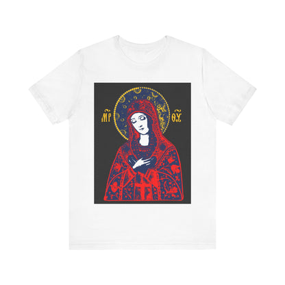 White "Joy of All Joys Tenderness Theotokos" Orthodox Christian t-shirt with a bright red, traditionally inspired iconographic design on the front.
