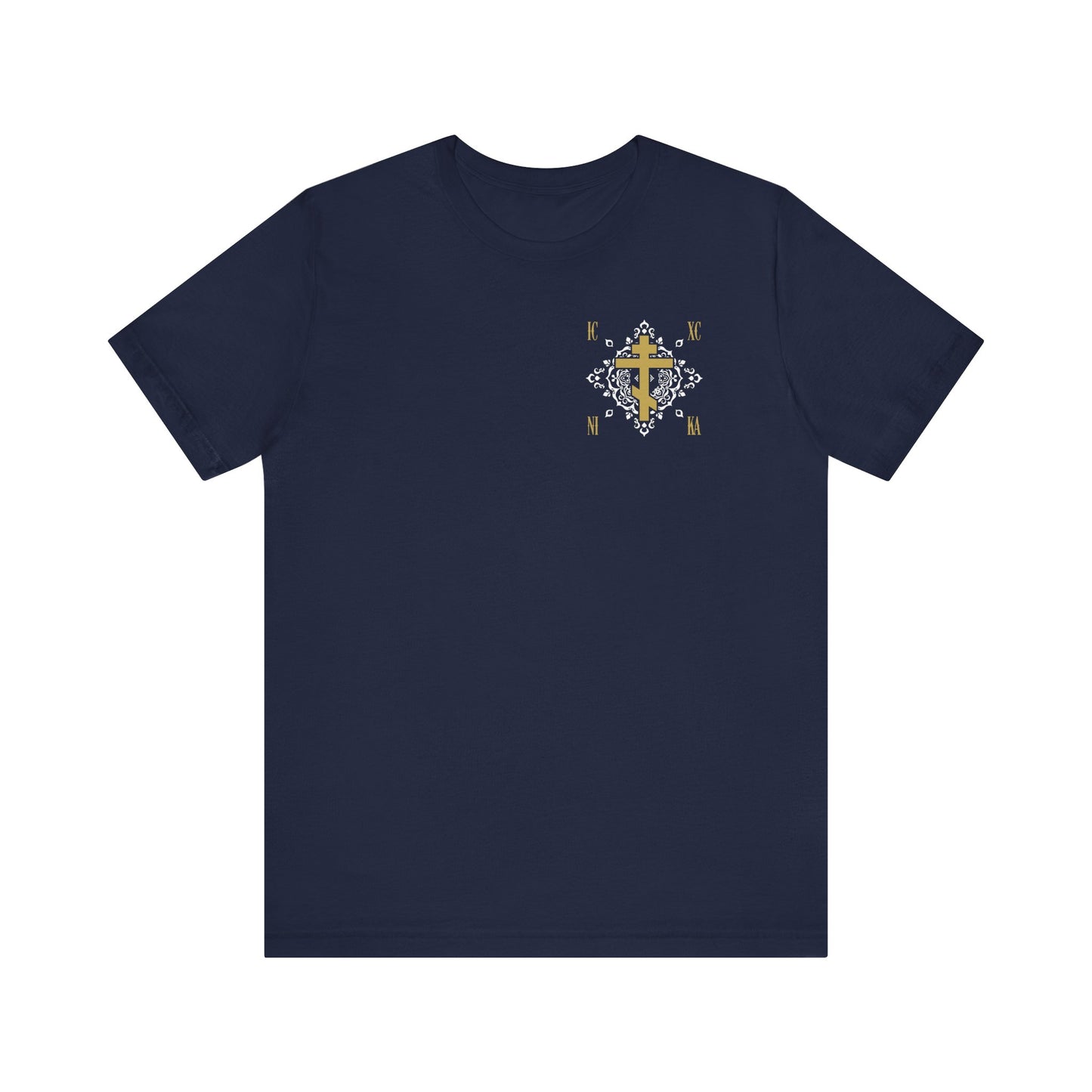 Gold Orthodox Cross ICXC NIKA  (Small Design) | White Medieval Ornate Floral Pattern | Jesus Christ Conquers | Christian Unisex Cotton Tee