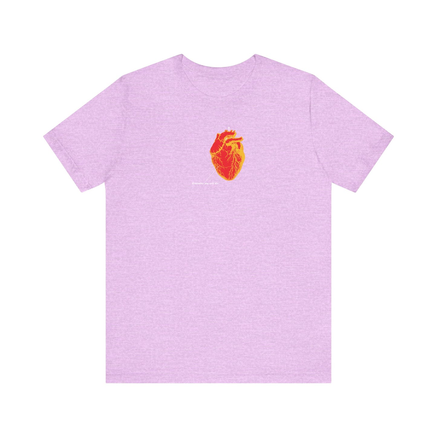 Heather Prism Lilac tee featuring a red and orange antique medical textbook heart design, inspired by memento mori and Christian themes. "Remember You Will Die" graphic symbolizes the soul's balance between life and judgment.