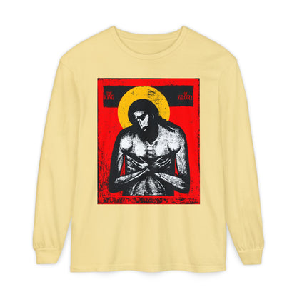 The King of Glory Jesus Christ 'Extreme Humility' IconoGraphic long-sleeve in butter, featuring a red, yellow, white, and black devotional graphic inspired by Isaiah 53 on the front.