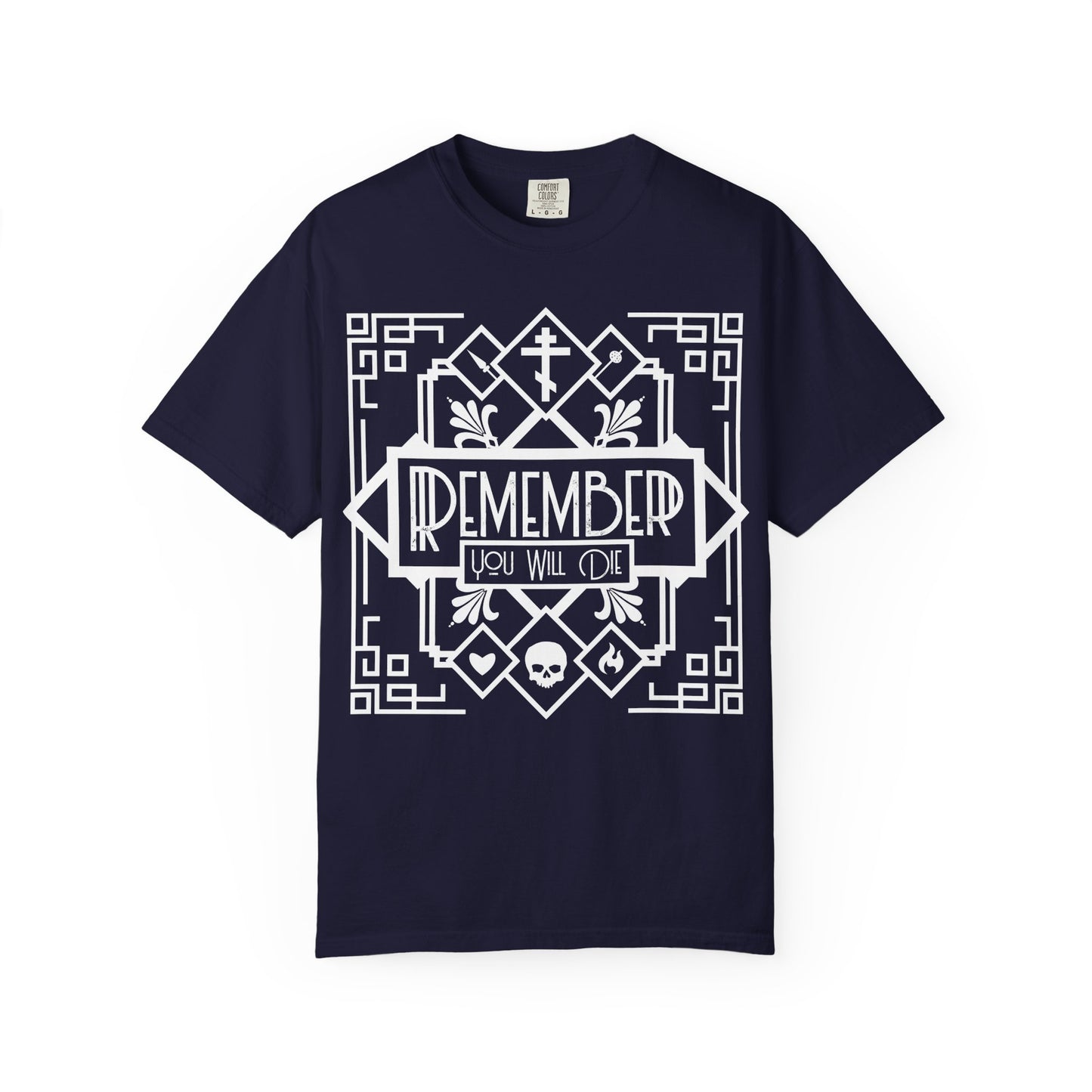 Remember You Will Die Art Deco Design | Black and White Line Art | Skull Heart Fire | Memento Mori | Heavyweight Cotton Unisex T-Shirt
