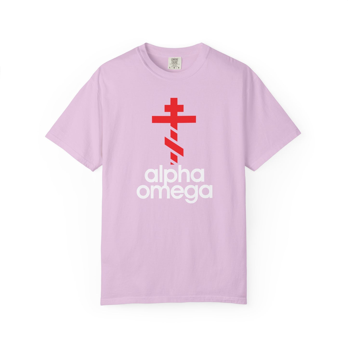 Orchid-colored unisex tee featuring a large red Orthodox cross above bold white “alpha omega” lettering, inspired by a minimalist Adidas mashup—capturing the spirit of Christian life.