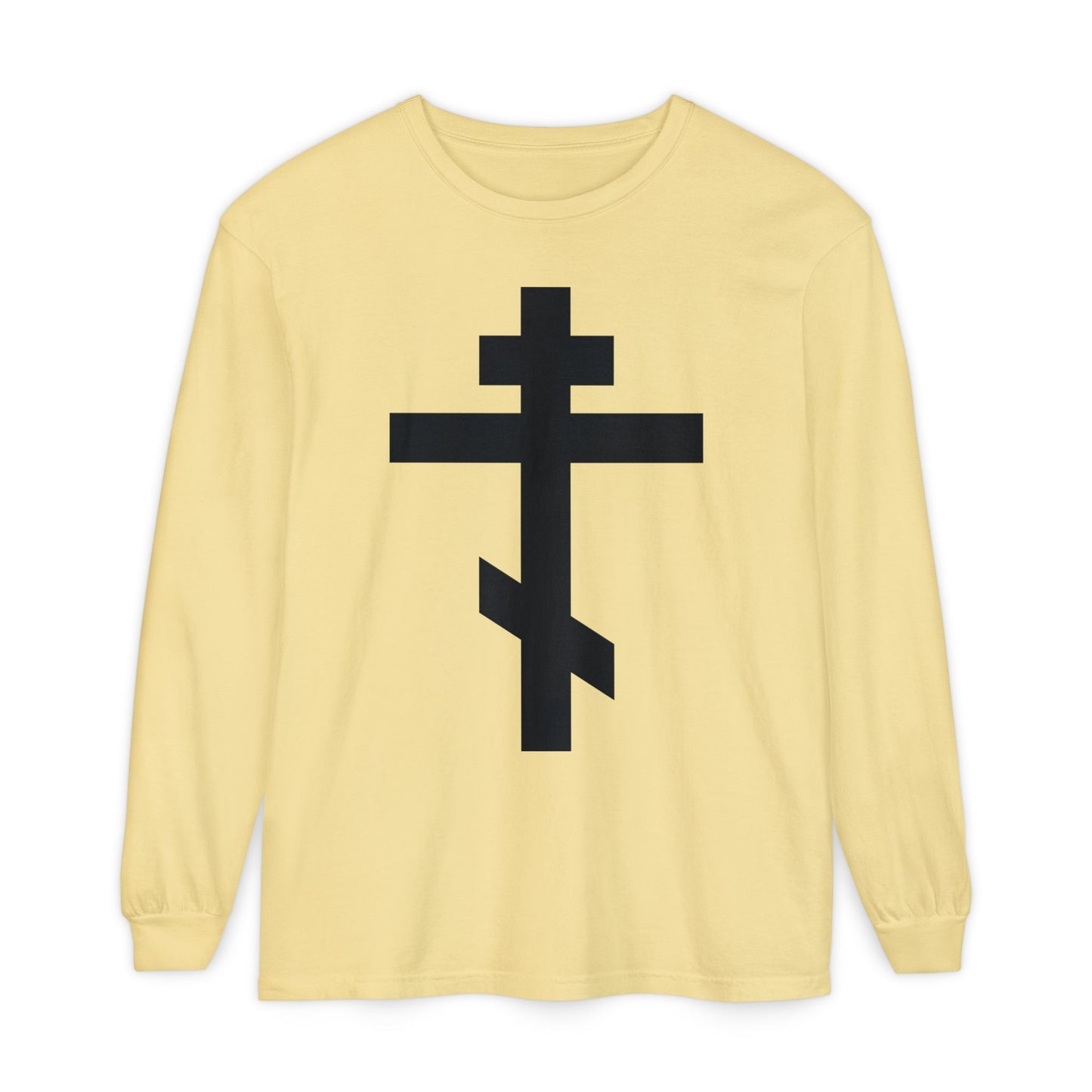 Butter-colored long-sleeve shirt featuring a large black Orthodox cross on the front, inspired by Gal 6:14: "May I never boast, except in the cross of our Lord Jesus Christ.