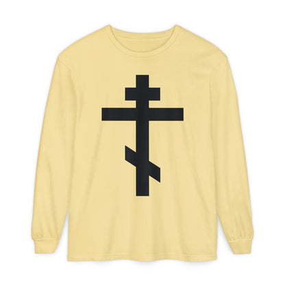 Butter-colored long-sleeve shirt featuring a large black Orthodox cross on the front, inspired by Gal 6:14: "May I never boast, except in the cross of our Lord Jesus Christ.
