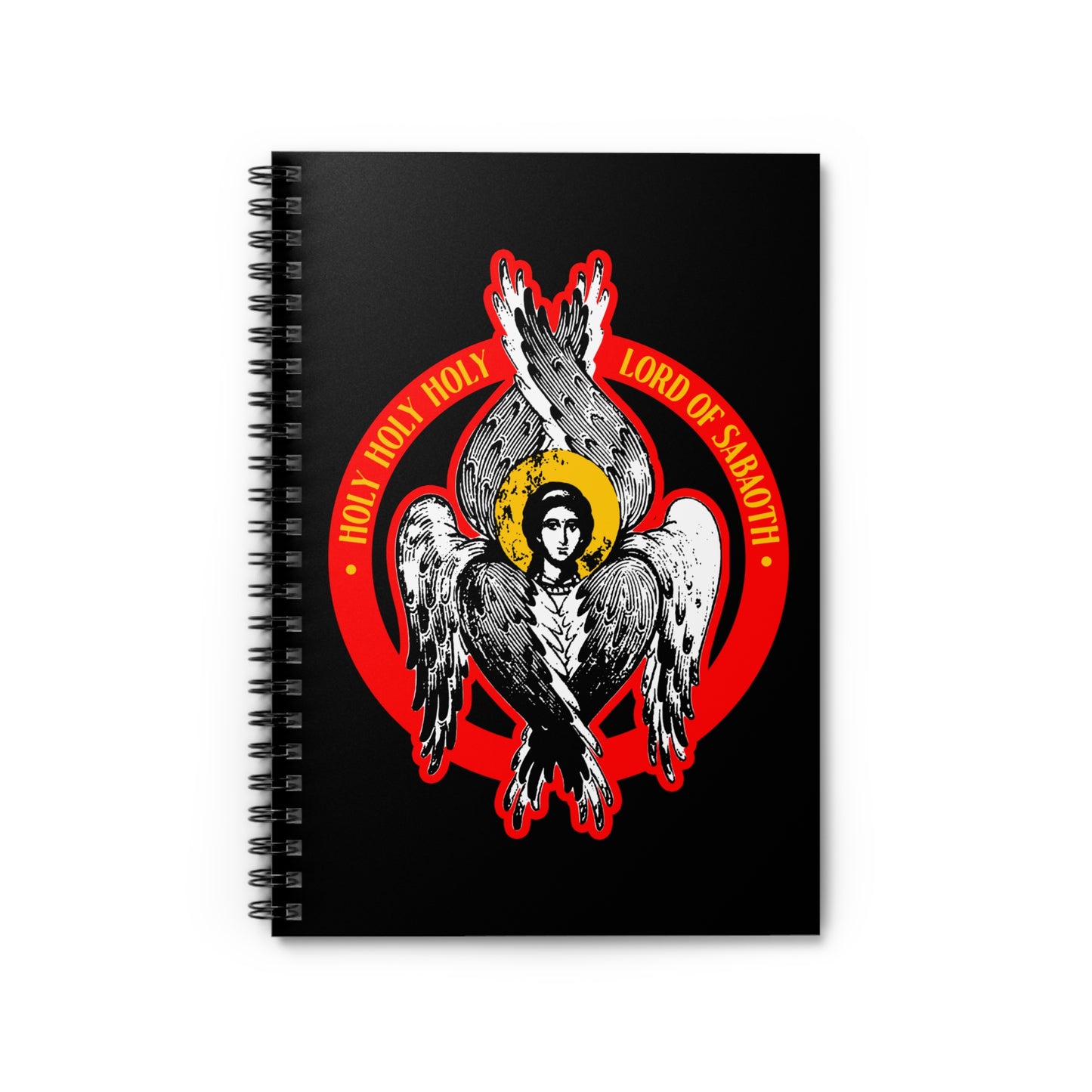 Black spiral notebook titled "Holy Holy Holy, Lord of Sabaoth," featuring an Orthodox Seraphim angel illustration and Isaiah 6 text: HOLY HOLY HOLY LORD OF HOSTS! in red and yellow. Ideal for Orthodox Christians.