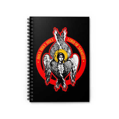 Black spiral notebook titled "Holy Holy Holy, Lord of Sabaoth," featuring an Orthodox Seraphim angel illustration and Isaiah 6 text: HOLY HOLY HOLY LORD OF HOSTS! in red and yellow. Ideal for Orthodox Christians.