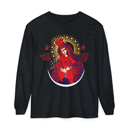 Black long-sleeve cotton shirt featuring an iconographic graphic of Our Lady the Gate of Dawn (Theotokos Crowned, Woman of the Apocalypse) in red, blue & gold. Orthodox design inspired by the Vilnius icon.