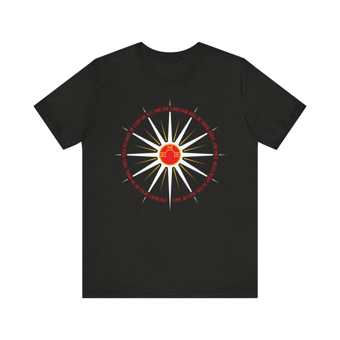 Black Heather t-shirt featuring blazing sun rays, a red house at the center, and encircling red text—“And Night Shall Be No More (Rev. 22:5)”—evoking apocalyptic themes and Orthodox Christian Second Coming imagery. Lightweight cotton.