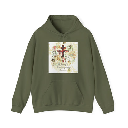 Preparing For Death | White & Beige Floral Scrapbook Texture Cross | Arts & Crafts Style | St Irenaeus | Orthodox Christian Hoodie