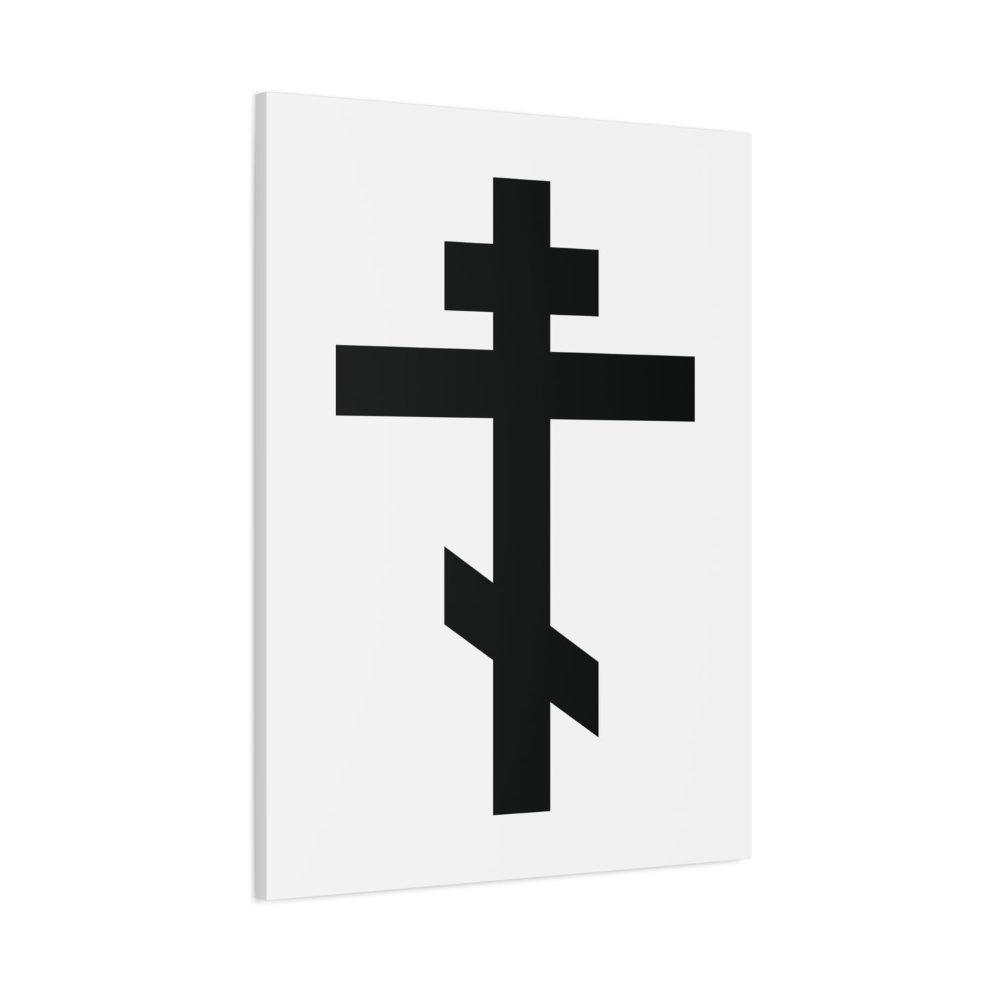 The “Black Orthodox Cross White Background” canvas art features a bold cross with the message, “May I never boast, except in the cross of our Lord Jesus Christ” (Gal 6:14), reflecting deep Christian faith and Orthodox tradition.