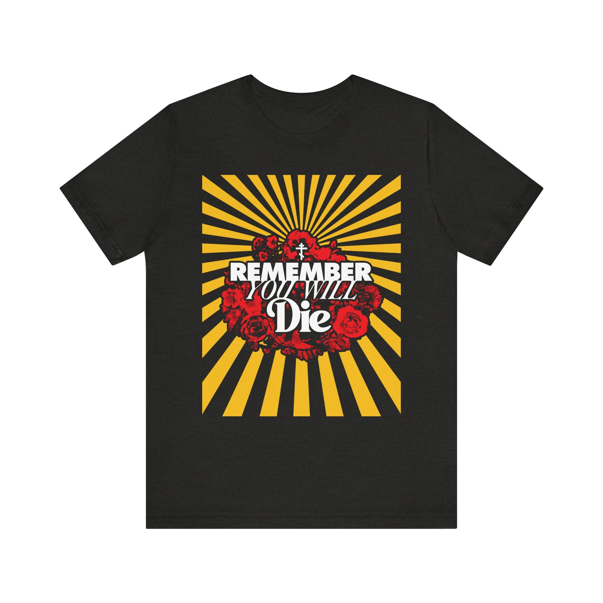 Black Heather "Remember You Will Die Red & Yellow Pop Art Design" Christian Lightweight Cotton Unisex Tee featuring an Orthodox cross, vibrant yellow rays, red roses, and bold white lettering—a memento mori inspired by the teachings of St. Porphyrios of Kafsokalyvia and a striking reminder to nourish your soul and keep Christ at the center of your life.