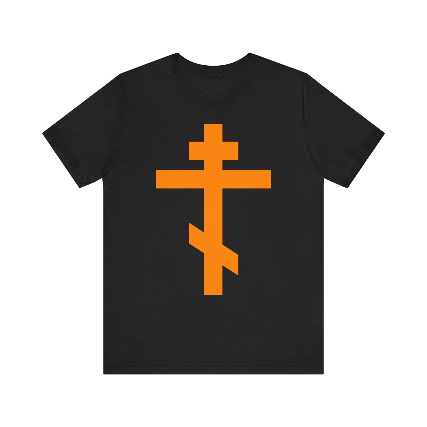 Black "Orange Orthodox Tribar Cross" t-shirt featuring a large orange tribar cross design inspired by the Troparion—"Preserve Thy People By Thy Cross, O Lord"—and reflecting the spiritual legacy of St. John of Kronstadt; made from lightweight cotton in a unisex fit.