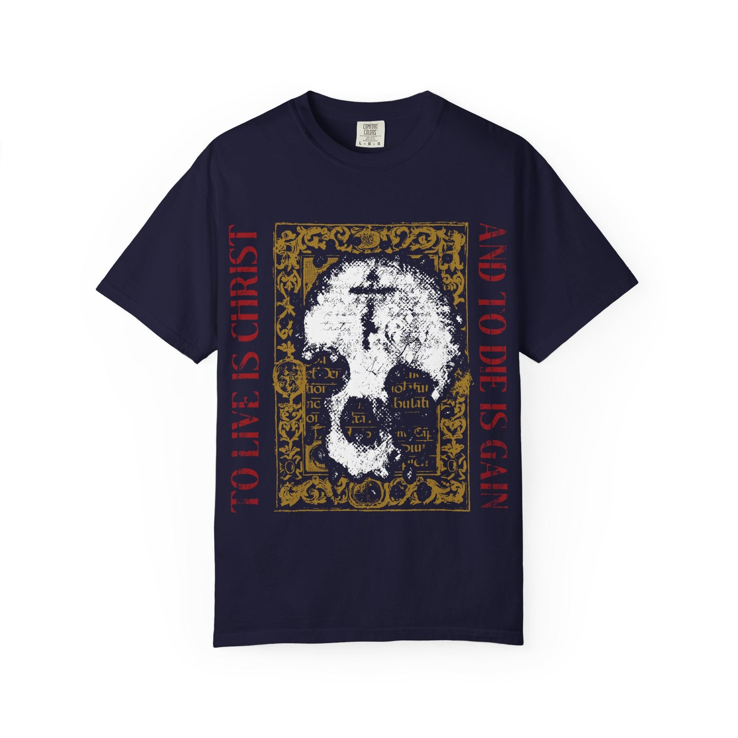 To Live is Christ, to Die is Gain (Philippians 1:21) | Skull with Cross on Gold Manuscript Texture | Heavyweight Cotton Unisex Orthodox T-Shirt