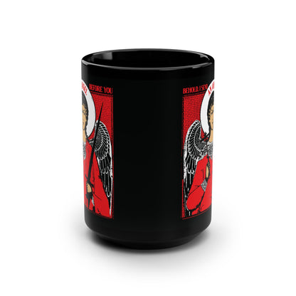 Behold I Send an Angel Before You (Ex 23:20) | Guardian Angel With Cross & Sword IconoGraphic | Orthodox Christian Black Mug