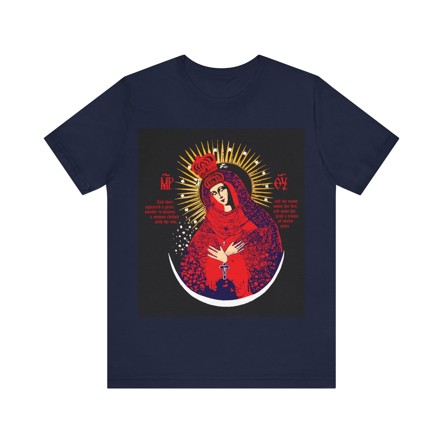 Navy cotton t-shirt featuring the "Our Lady the Gate of Dawn Icono-Graphic" in red, blue, and gold with crowned Theotokos/woman of the Apocalypse design. Orthodox-inspired Vilnius icon with radiant accents.