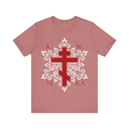 ICXC / NIKA Red Orthodox Cross on Ornate White Medieval Floral Design | Exclusive Best-Selling Orthodox Christian T-Shirt