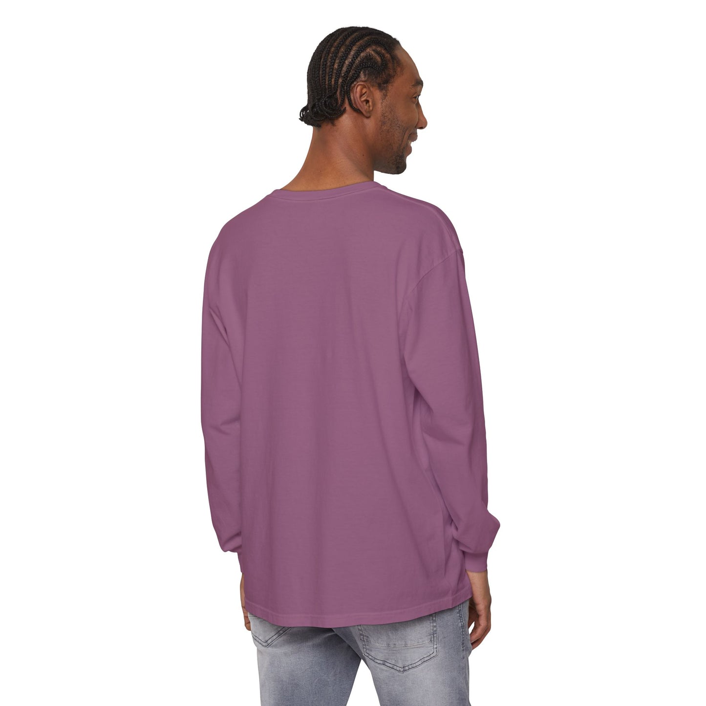 Man wearing the "King of Kings Crown of Thorns | Christ is King | Revelation 19:16" Christian Cotton Long Sleeve Shirt in mauve and light jeans, reminiscent of the rider from Revelation 19:11-16.