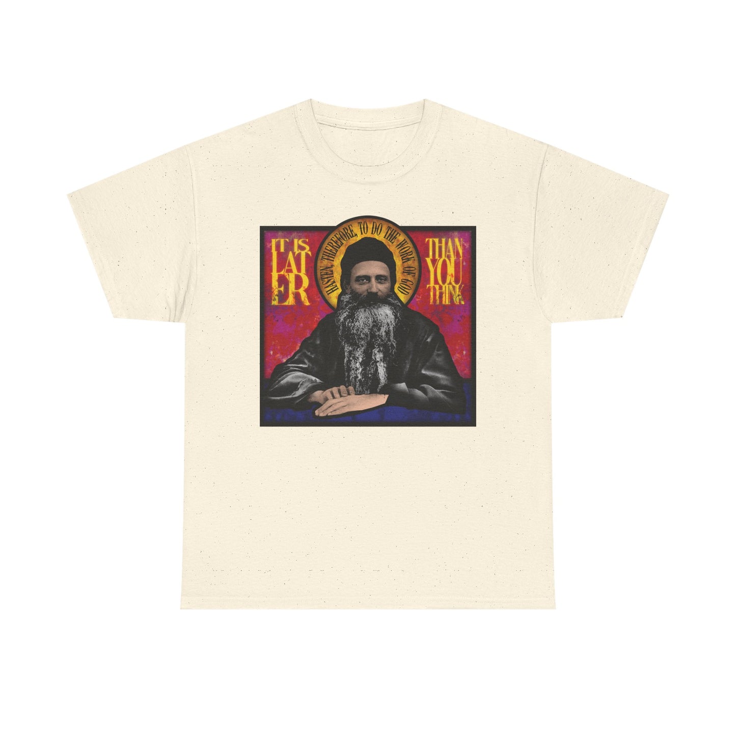 Show your faith with the "It Is Later Than You Think" Fr. Seraphim Rose Midweight Cotton Unisex T-Shirt, featuring a stained glass design of the American Orthodox monastic saint on a natural-colored shirt—the inspiring message and artwork serve as a striking reminder of salvation and the promise of resurrected bodies in the Kingdom of Heaven.