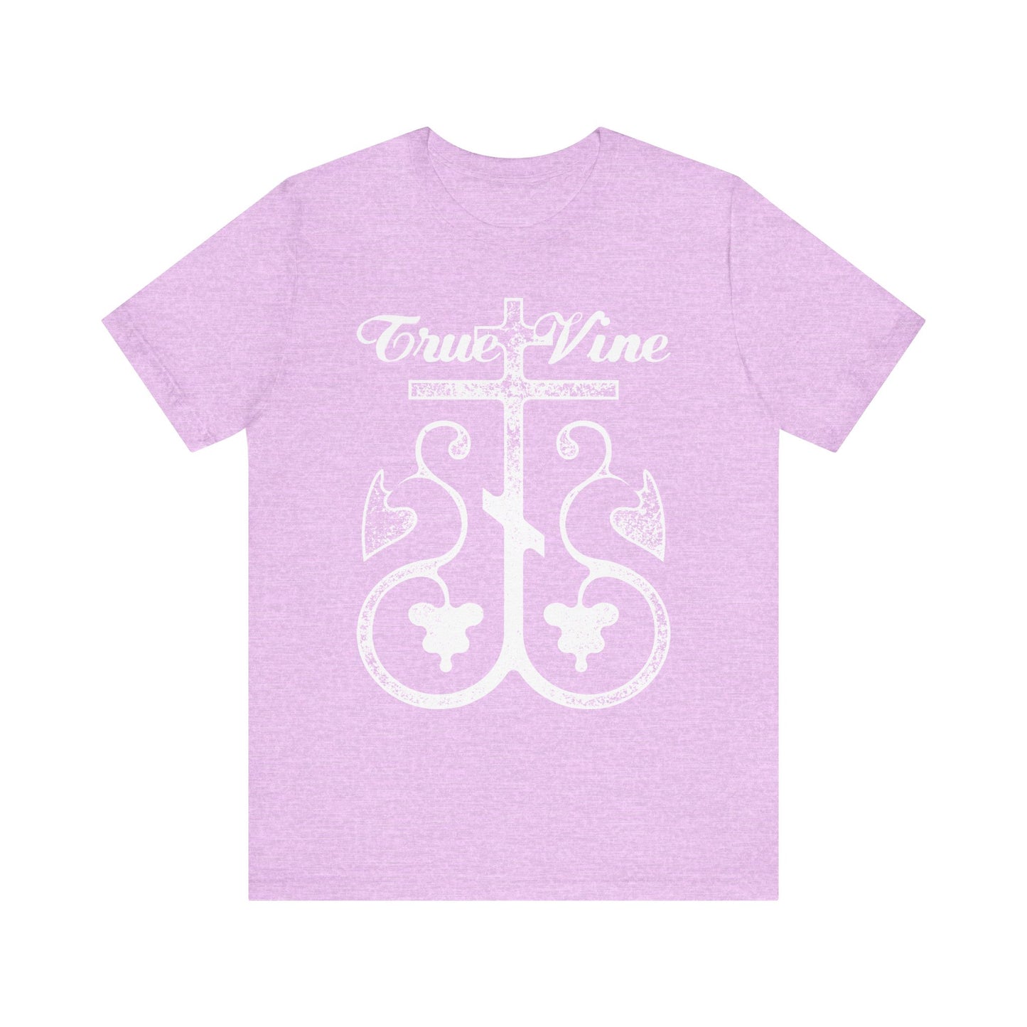Heather Prism Lilac unisex t-shirt featuring “I Am the True Vine” (John 15, Ezekiel 15), an Orthodox cross with grape vine design in a photocopy effect, on lightweight cotton.