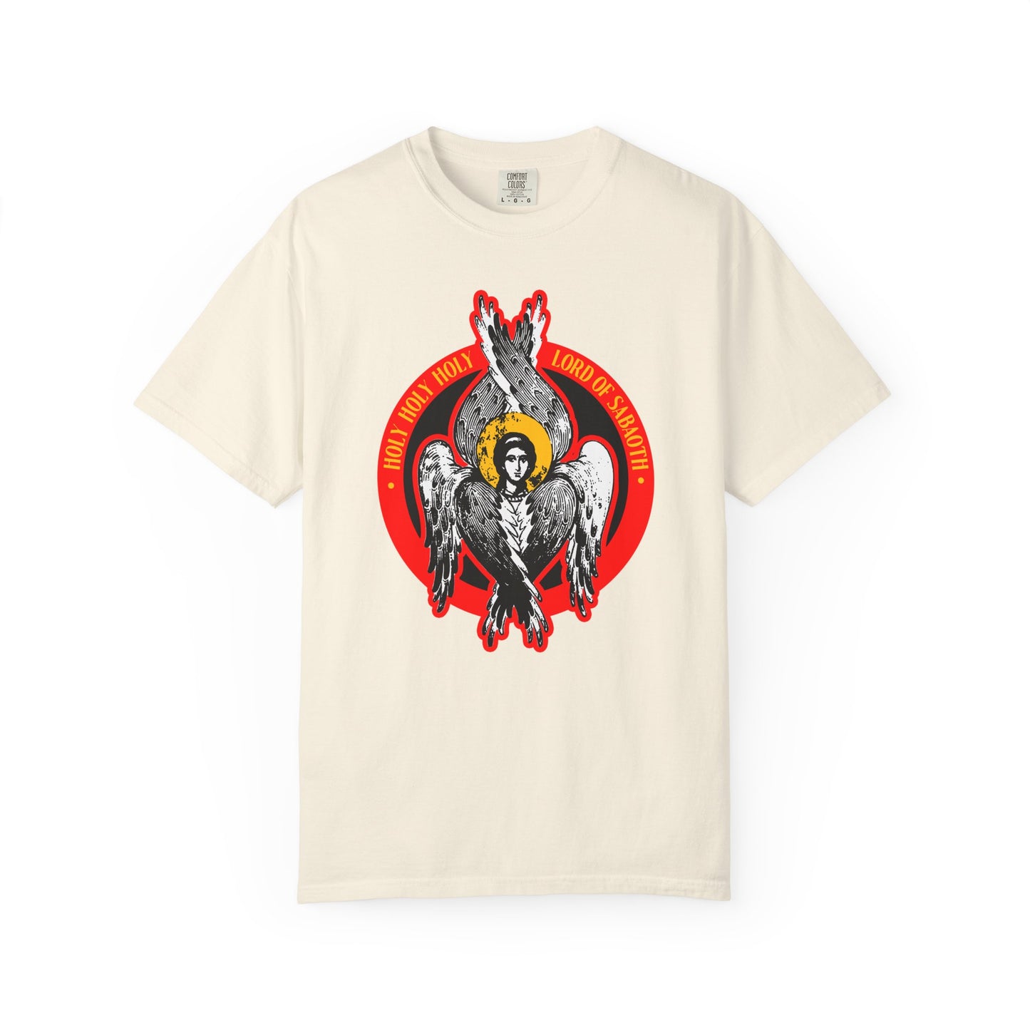 Ivory heavyweight cotton unisex tee featuring a seraphim angel graphic inspired by Isaiah 6, with "Holy Holy Holy Lord of Sabaoth" text. Part of the "Lord of Hosts | Unseen Realm" collection.