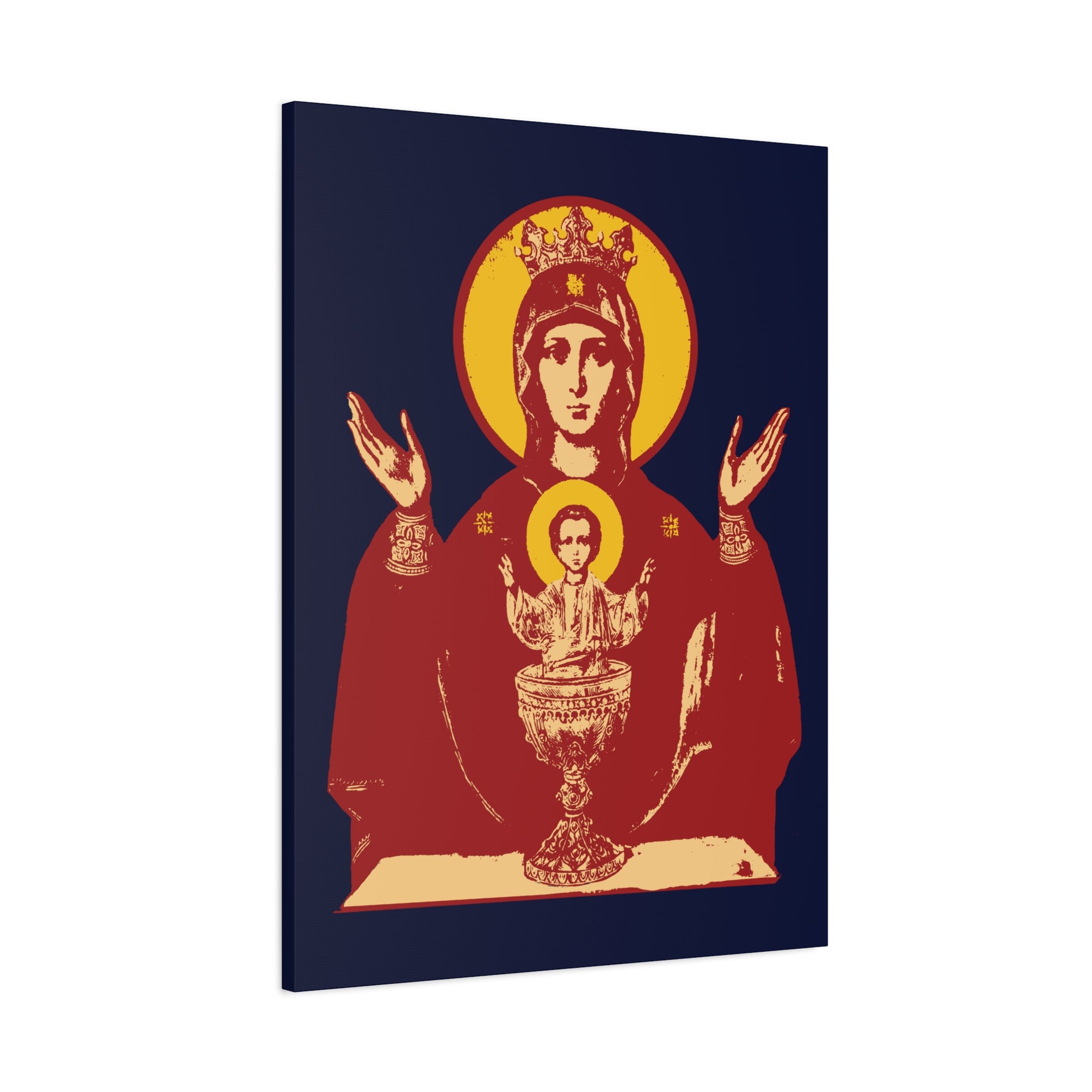 Holy Theotokos IconoGraphic of the Inexhaustible Chalice shows the Mother of God with raised hands and Christ in a chalice—symbolizing deliverance from addictions. Orthodox Christian wall art on a dark blue background.
